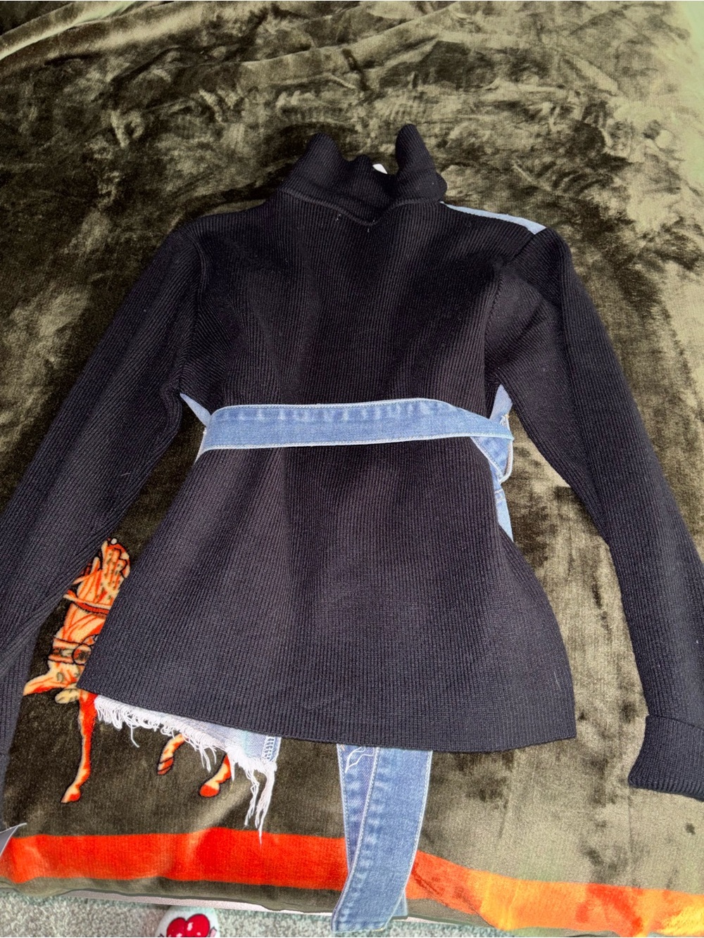 Denim Peplum Belted Jacket with Black Knit Sleeves - Picture 5 of 5